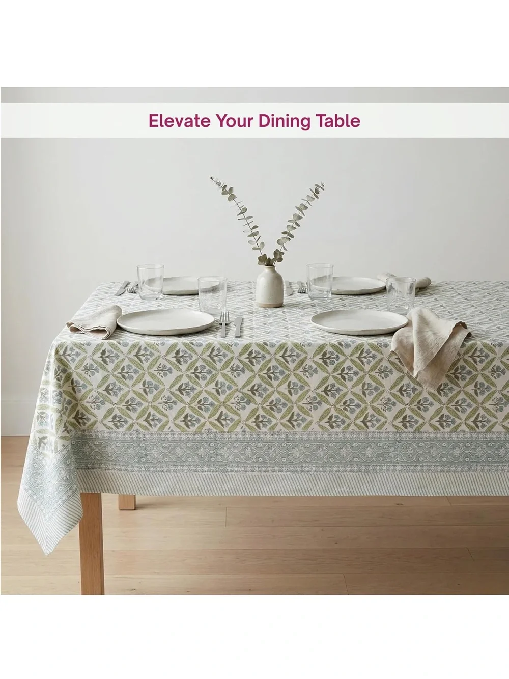 NEW ATOSII 100% Cotton Blockprint Rectangle Table Cloth, Netta Green